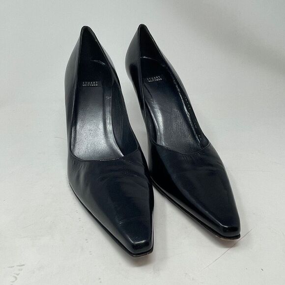 Stuart Weitzman Black Pointed Toe Leather Stiletto Pumps Heels Size 10 - Picture 1 of 8